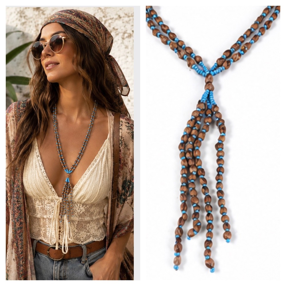 Boho Brown Turquoise Seed Beed Tassel Long Lariat Necklace Festival 18" Pullover